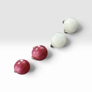 2 Pair 50s Lucite Dome Earrings Luminous Raspberry & White Screw Back Gold Tone